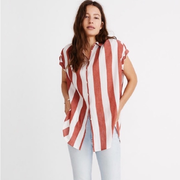Madewell Central Tunic Shirt in Cara Stripe Red and White